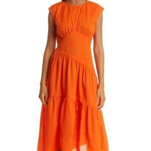NWT FRAME Asymmetric Tiered Seersucker Midi-Dress
